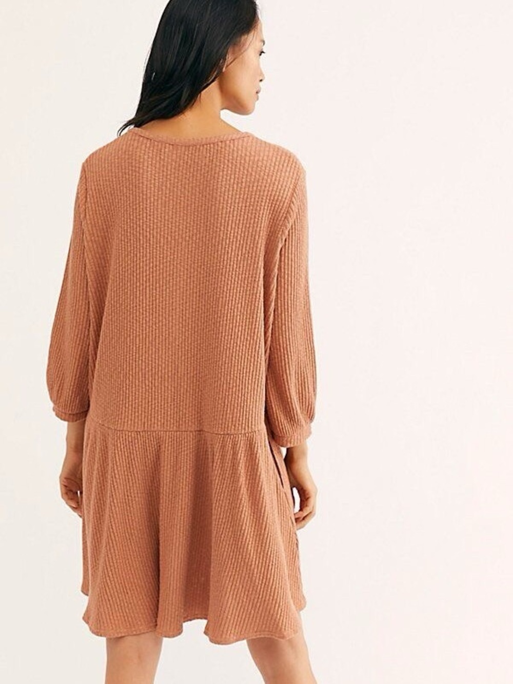 Free People Beach Waffle Knit Tunic Top Medium Blush Pink Henley Babydoll Boho - Picture 2 of 6